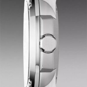 Side profile of Burberry Brit The Britain watch showing silver case and red leather strap
