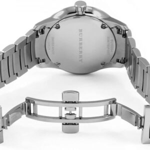 Back and side view of Burberry Classic Check watch with stainless steel bracelet