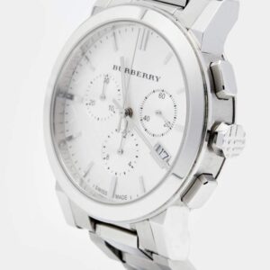 Burberry The City chronograph watch side angle view showing stainless steel bracelet and case