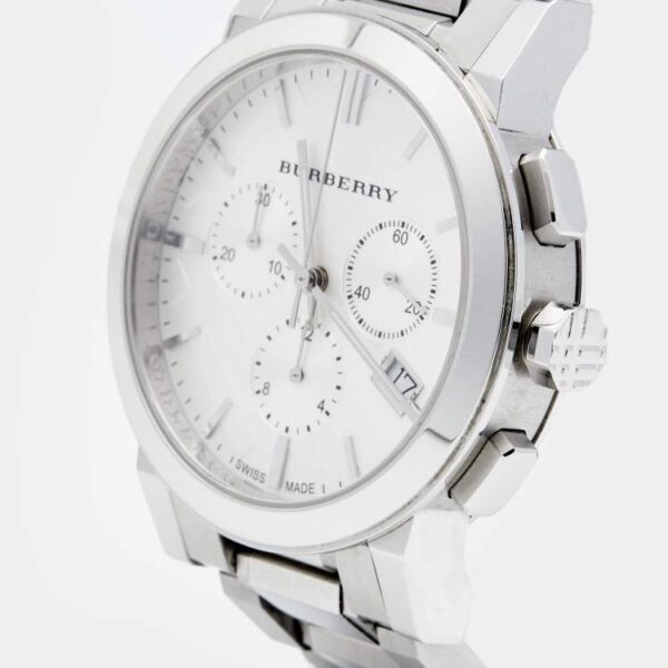 Burberry The City chronograph watch side angle view showing stainless steel bracelet and case