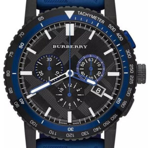 Burberry City Sport chronograph watch with black dial, blue tachymeter bezel, and blue rubber strap