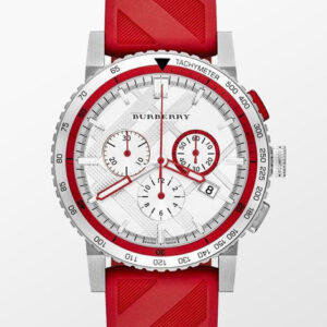 Burberry City Sport chronograph men's watch featuring white dial with red accents and red textured rubber strap