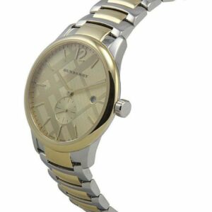 Side view of Burberry The Classic two-tone gold and steel bracelet watch
