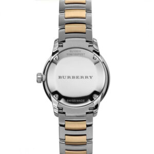Burberry The Classic watch case back showing Swiss-made and water resistance markings