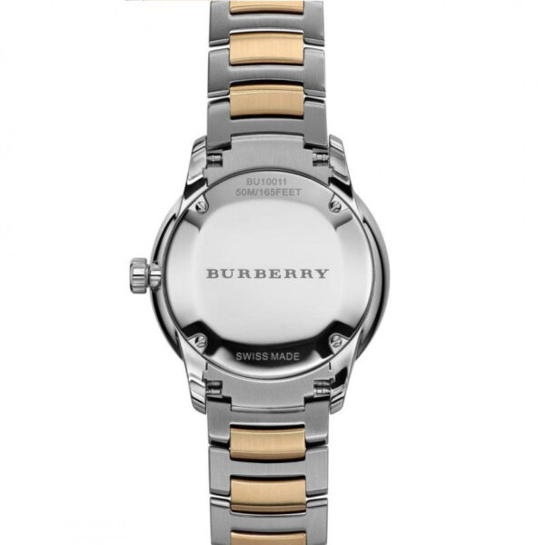 Burberry The Classic watch case back showing Swiss-made and water resistance markings