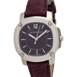 Angled view of Burberry The Britain BBY1714 showing maroon dial and leather strap