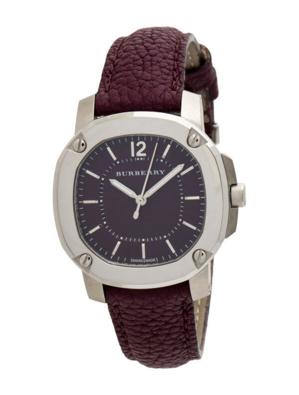 Angled view of Burberry The Britain BBY1714 showing maroon dial and leather strap