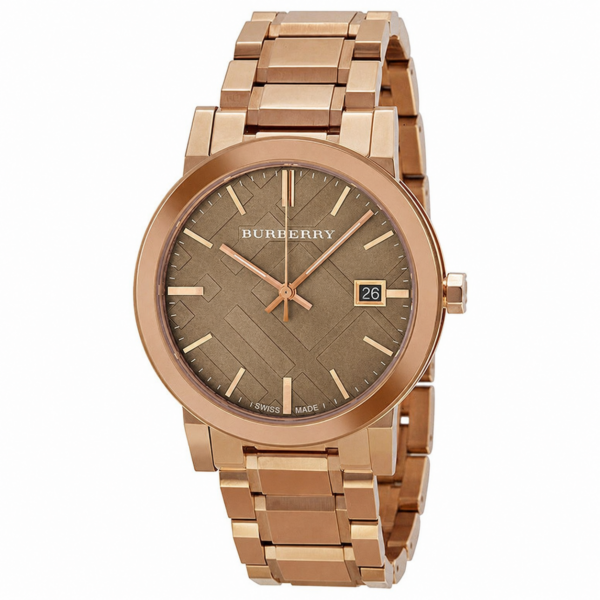 Burberry The City BU9005 watch with sunray brown check dial, rose gold case and bracelet