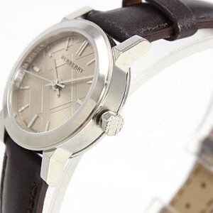 Side angle view of Burberry The City Nova watch with stainless steel case and brown leather strap