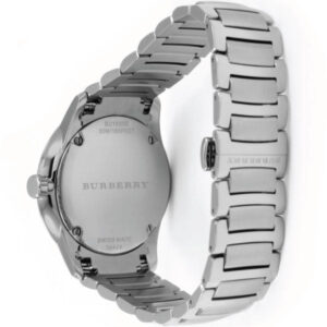 Caseback view of Burberry The Classic watch showing engraved Burberry logo and Swiss made specifications
