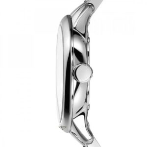 Side view of Burberry The Classic watch showing polished silver stainless steel case and bracelet profile
