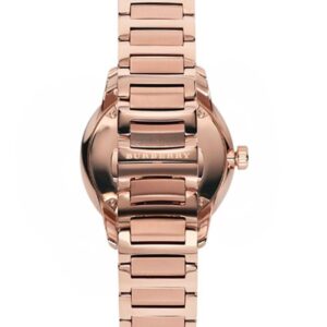 Burberry Classic BU10013 rose gold watch case back view showing bracelet attachment