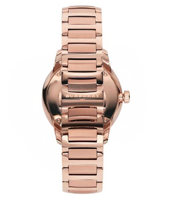 Burberry Classic BU10013 rose gold watch case back view showing bracelet attachment