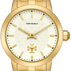 Tory Burch TBW1053 dial close-up with beige pattern and gold baton markers