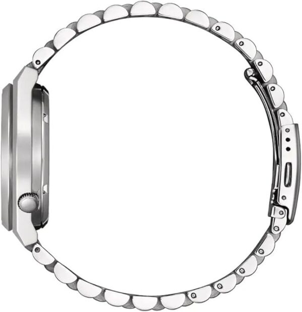 Side profile view of Citizen Tsuyosa Automatic watch showing case thickness and stainless steel bracelet