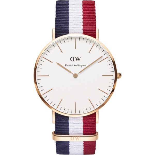 Daniel Wellington Cambridge 40mm gold watch with white dial and navy/white/red tricolour NATO strap