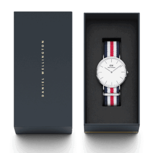 Daniel Wellington Canterbury watch in navy branded box with owner's guide and accessories