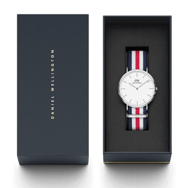 Daniel Wellington Canterbury watch in navy branded box with owner's guide and accessories