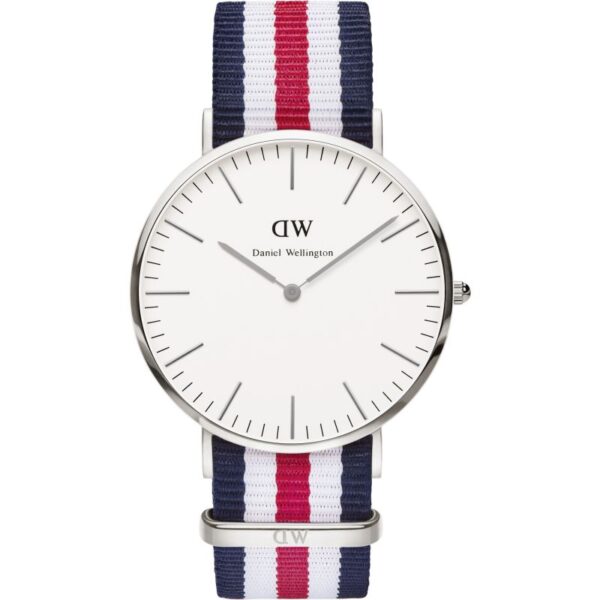 Daniel Wellington Canterbury 40mm silver watch with white dial and tricolour navy, white, red NATO strap