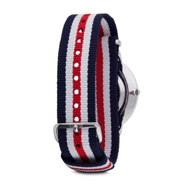 Daniel Wellington Canterbury 40mm watch side view of tricolour NATO strap with adjustment holes