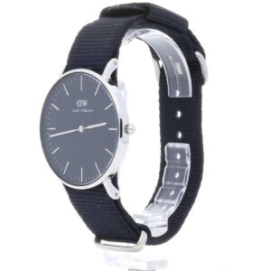 Daniel Wellington Cornwall 36mm watch side view showing silver case and black strap