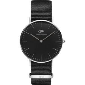 Daniel Wellington Cornwall 36mm black dial silver watch with black NATO strap