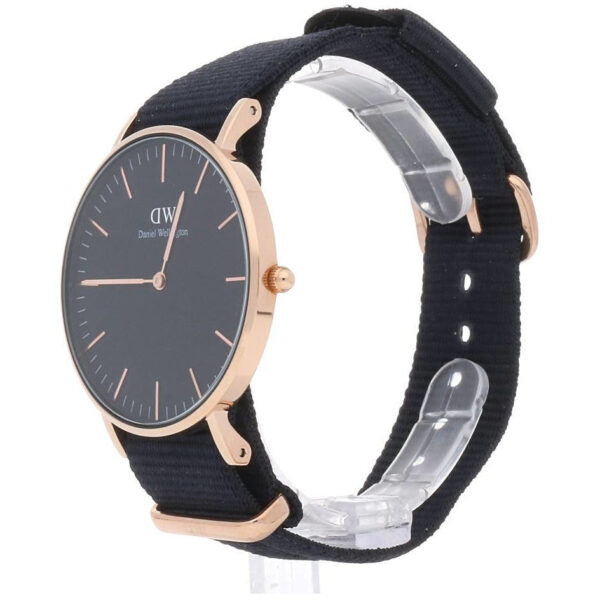 Cornwall 36mm watch displayed on stand showing full case and strap details