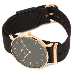 Side profile of Cornwall 36mm watch with black NATO strap and rose gold lugs