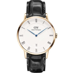 Daniel Wellington Dapper Reading 38mm gold watch with white dial and black leather strap