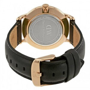 Caseback of Daniel Wellington Dapper Sheffield showing engraved text and gold case with black leather strap