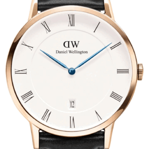 Daniel Wellington Dapper Sheffield 38mm gold watch with white dial, Roman numerals, blue hands, and black leather strap