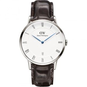 Daniel Wellington Dapper York 38mm silver watch with white dial, Roman numerals, and black leather strap