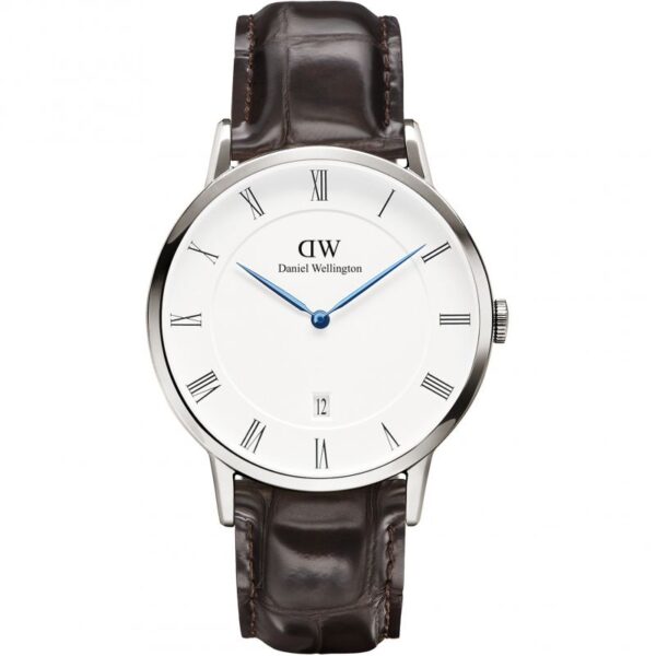 Daniel Wellington Dapper York 38mm silver watch with white dial, Roman numerals, and black leather strap