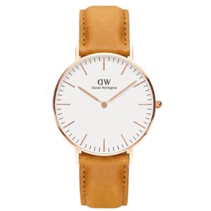 Daniel Wellington Durham 36mm watch with rose gold case, white dial, and brown leather strap
