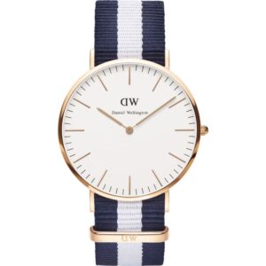 Daniel Wellington Glasgow 40mm rose gold watch with white dial and navy white striped strap
