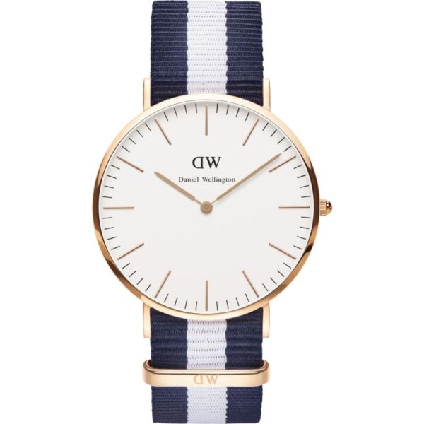 Daniel Wellington Glasgow 40mm rose gold watch with white dial and navy white striped strap