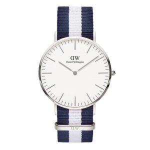 Daniel Wellington Glasgow 40mm white dial men's silver watch with navy and white striped strap
