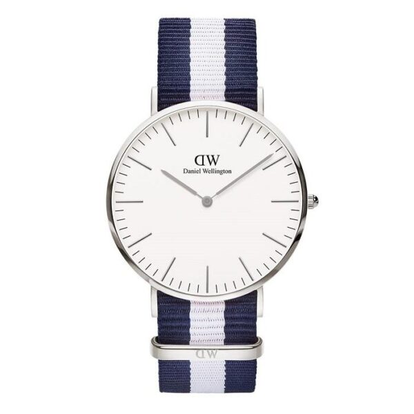 Daniel Wellington Glasgow 40mm white dial men's silver watch with navy and white striped strap
