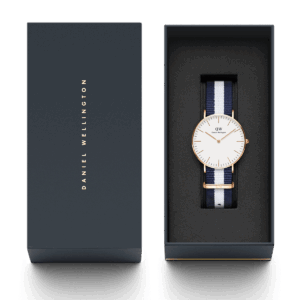 Daniel Wellington Glasgow watch in packaging with owner's guide and presentation box