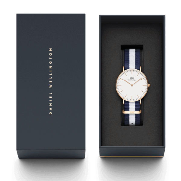 Daniel Wellington Glasgow watch in packaging with owner's guide and presentation box
