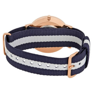Back view of Glasgow watch showing rose gold caseback and interchangeable fabric strap