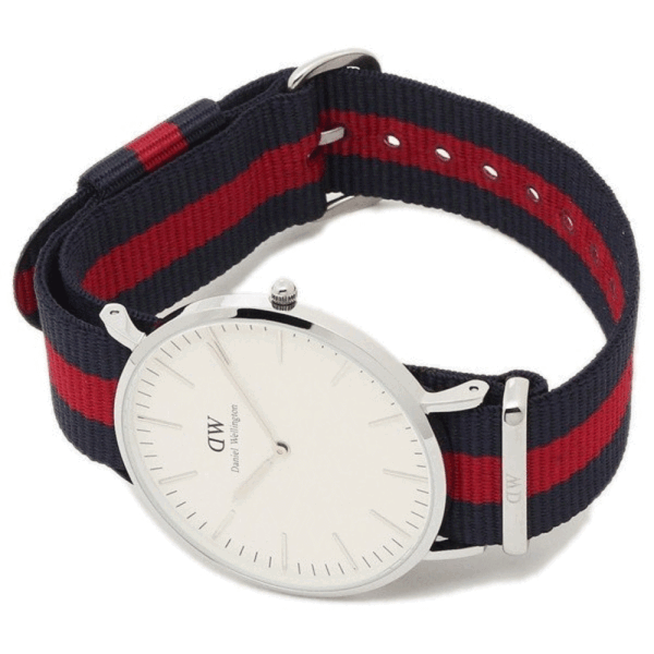 Daniel Wellington Oxford 40mm watch on wrist with navy and red striped NATO strap