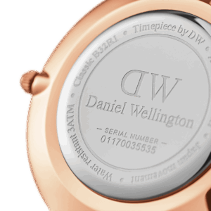 Case back showing DW Daniel Wellington logo and serial number engraved on rose gold