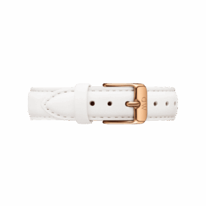 White leather strap with rose gold buckle and keeper, laid flat