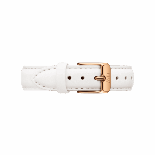 White leather strap with rose gold buckle and keeper, laid flat