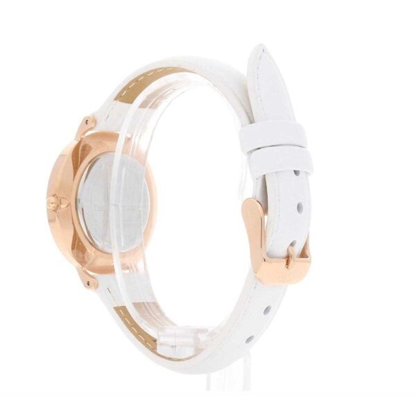 Side view of Daniel Wellington Petite Bondi showing case thickness and white leather band