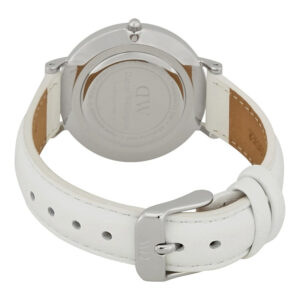 Daniel Wellington Petite Bondi 32mm watch caseback with white leather strap and buckle