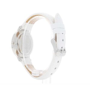 Daniel Wellington Petite Bondi 32mm watch side view showing white genuine leather strap and silver case