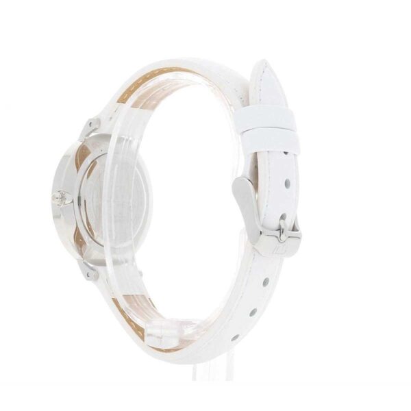 Daniel Wellington Petite Bondi 32mm watch side view showing white genuine leather strap and silver case