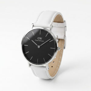 Daniel Wellington Petite Bondi watch angled view displaying black dial and silver case